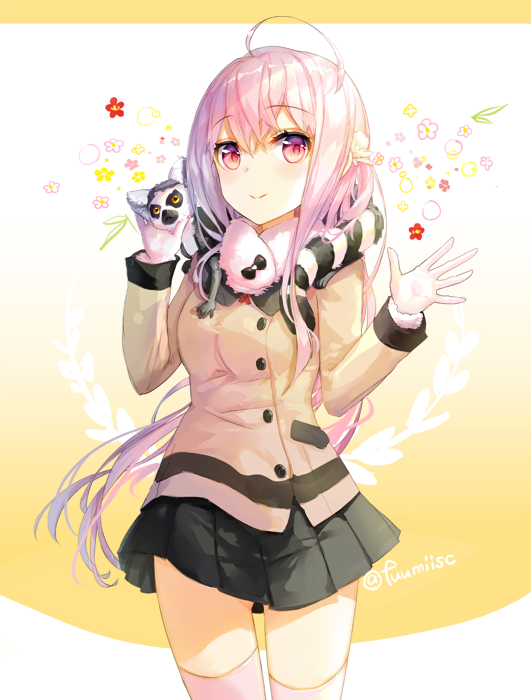 1girl, ahoge, animal_request, bangs, black_skirt, blush, closed_mouth, cowboy_shot