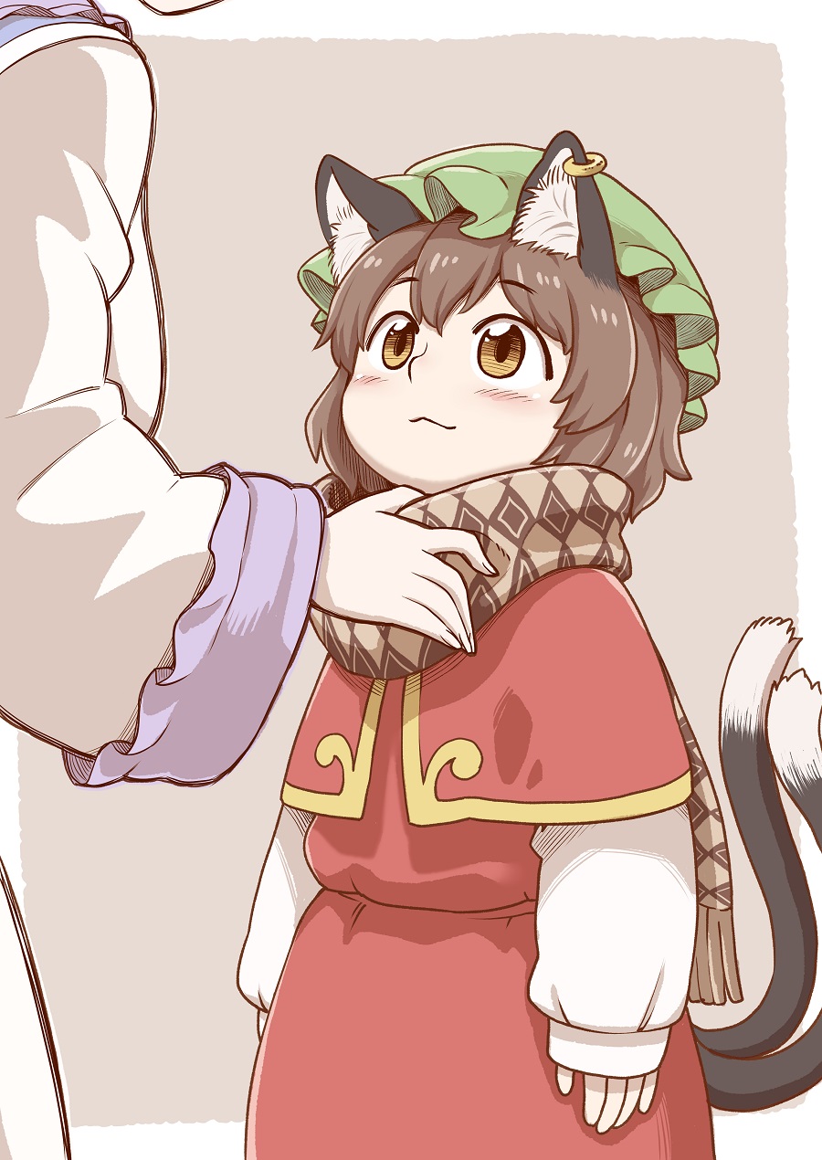2girls, :3, adjusting_another's_clothes, animal_ears, bangs, blush, brown_background, brown_hair