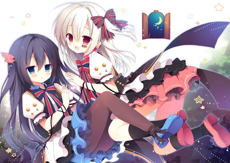 2girls, :d, :o, ankle_ribbon, barcode_tattoo, black_bow, black_hair, black_legwear, black_ribbon, blue_bow, blue_eyes, blue_shoes, blue_skirt, blush, bow, collared_shirt, commentary_request, crescent_moon, eyebrows_visible_through_hair, facial_tattoo, frilled_skirt, frills, genderswap, genderswap_(mtf), hair_between_eyes, hair_bow, hair_wings, heart, izumiyuhina, kneehighs, lace-trimmed_sleeves, lace_trim, layered_skirt, long_hair, looking_at_viewer, looking_to_the_side, mafumafu, moon, multicolored_bow, multiple_girls, niconico, one_side_up, open_mouth, pantyhose, parted_lips, pink_shoes, pink_skirt, puffy_short_sleeves, puffy_sleeves, red_bow, red_eyes, ribbon, shirt, shoes, short_sleeves, skirt, smile, soraru, star, tareme, tattoo, white_hair, white_shirt