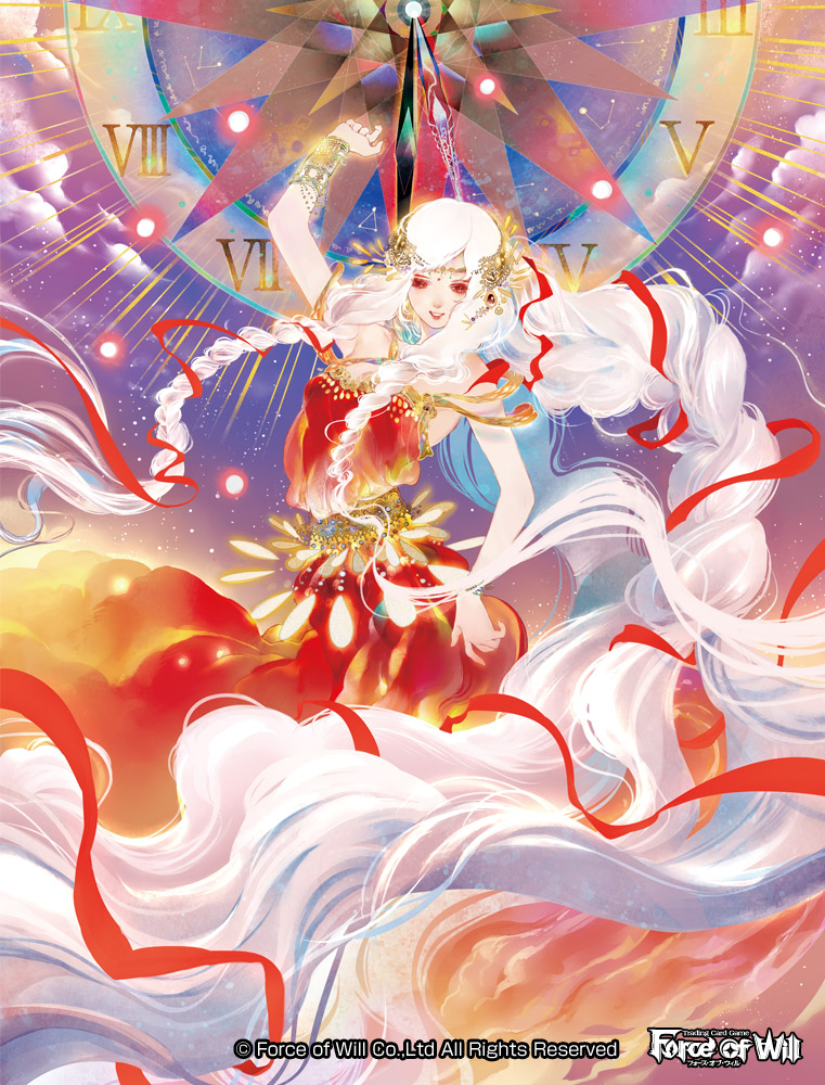 1girl, bracelet, breasts, circlet, cleavage, clock, clouds, cloudy_sky
