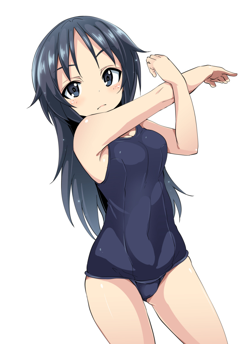 1girl, bangs, black_eyes, black_hair, black_swimsuit, blush, breasts, commentary_request