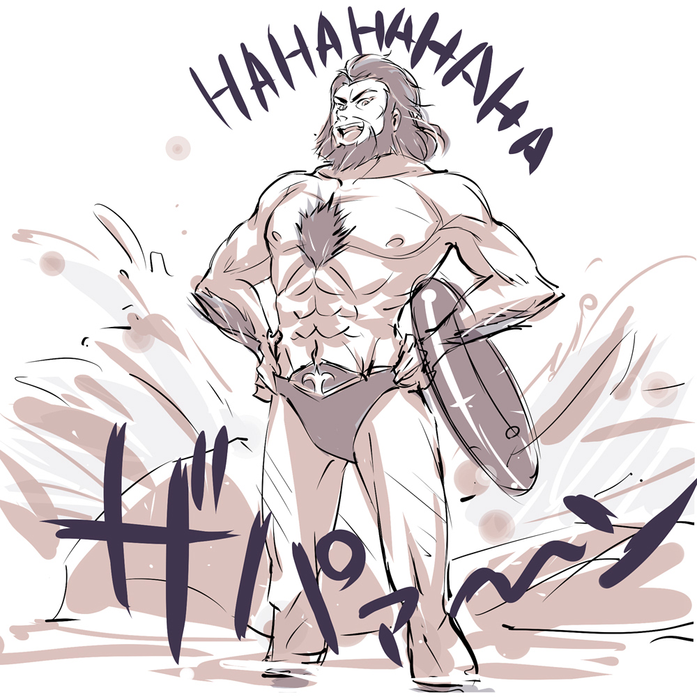 1boy, abs, arm_hair, beard, chest_hair, facial_hair, ghira_belladonna, iesupa, innertube, laughing, male_swimwear, monochrome, muscle, rwby, solo, swim_briefs, swimwear, translation_request, wading, waves