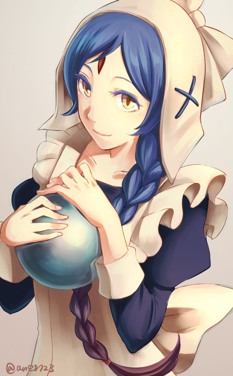 1girl, ane-suisei, apron, bangs, blue_hair, braid, closed_mouth, collarbone, facial_mark, fire_emblem, fire_emblem_if, forehead_mark, from_above, hair_braid, hair_over_shoulder, hairband, highres, lilith_(fire_emblem_if), long_hair, looking_at_viewer, orb, parted_bangs, simple_background, single_braid, slit_pupils, smile, solo, standing, upper_body, yellow_eyes