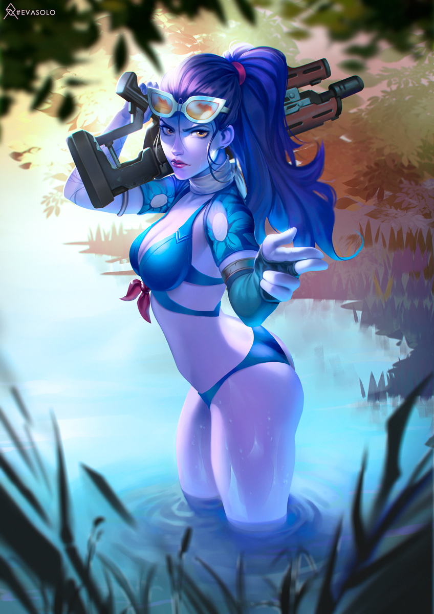 1girl, alternate_costume, arm_tattoo, artist_name, bikini, blue_bikini, breasts, choker
