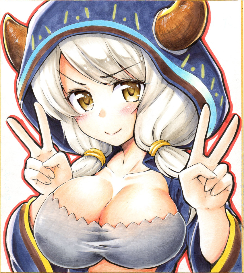 1girl, breasts, doraf, double_v, fuyuzora, granblue_fantasy, highres, hood