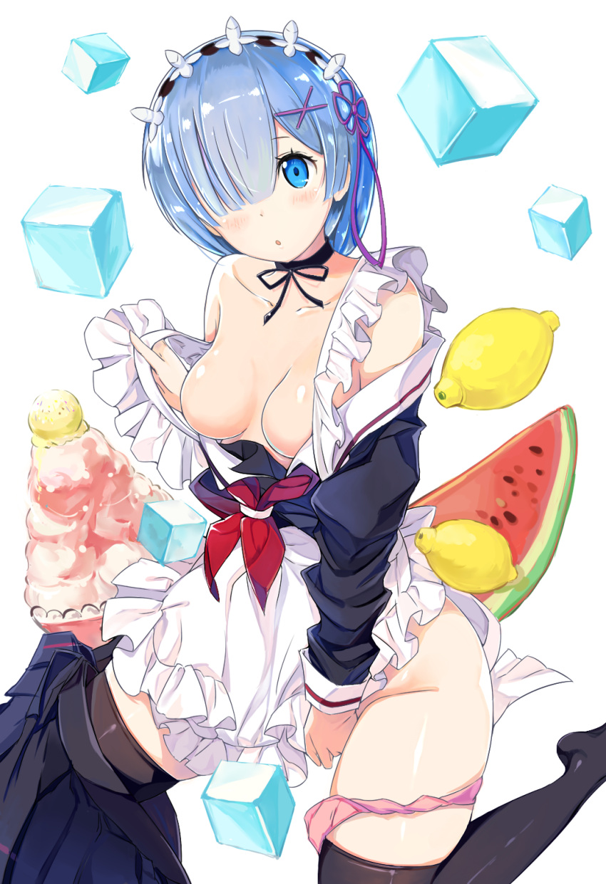 1girl, apron, araragikoyomis, between_legs, black_legwear, black_ribbon, black_skirt, blue_eyes