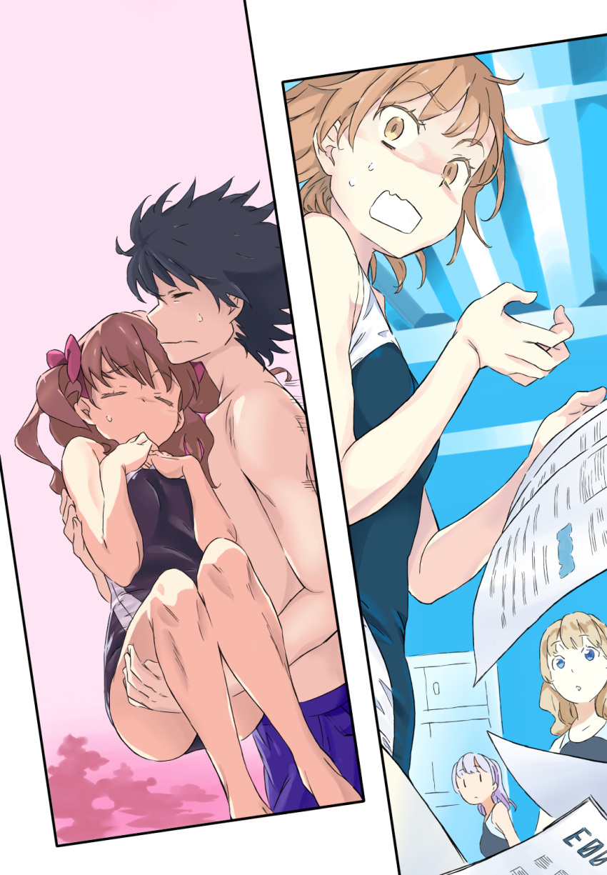 1boy, 4girls, black_hair, black_swimsuit, bow, brown_eyes, brown_hair, carrying, character_request, closed_eyes, colored, commentary_request, hair_bow, highres, holding, kamijou_touma, misaka_mikoto, multiple_girls, novel_illustration, official_art, polaris55740, princess_carry, red_bow, school_swimsuit, shirai_kuroko, short_hair, sweatdrop, swimsuit, swimwear, to_aru_majutsu_no_index:_new_testament, two_side_up