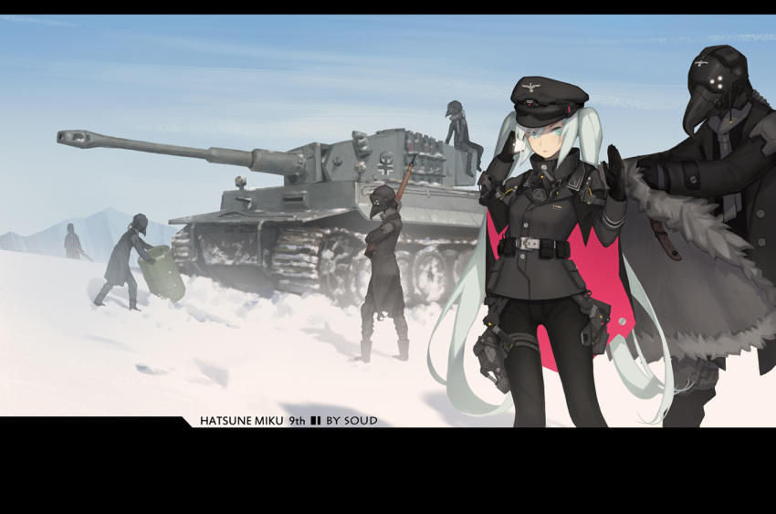 1girl, artist_name, black_gloves, black_hat, black_pants, blue_eyes, character_name, day