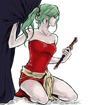 dagger, dress, earrings, final_fantasy, final_fantasy_vi, green_hair, mako_(artist), ponytail