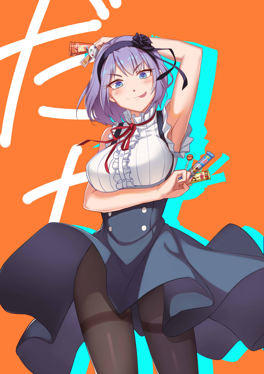 >:p, 1girl, :p, absurdres, arm_behind_head, armpits, black_hairband, black_legwear