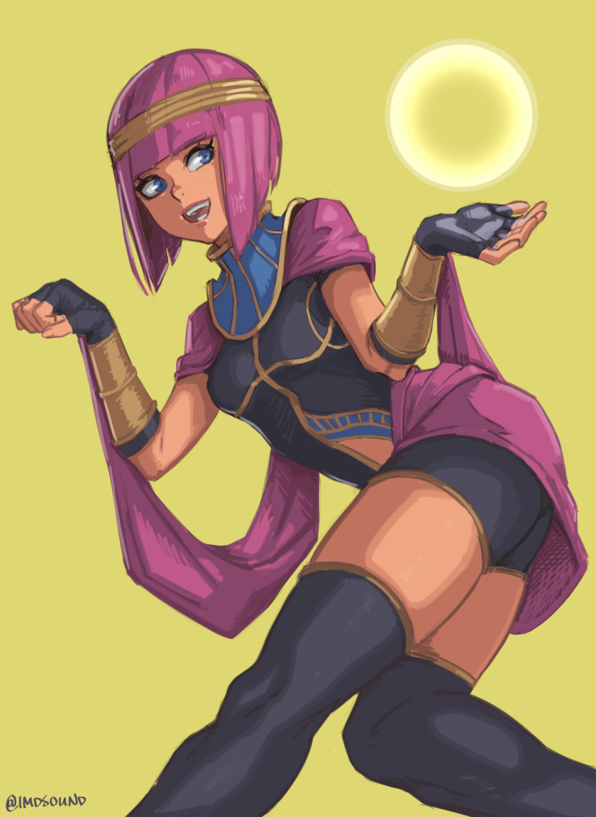 1girl, :d, artist_name, bangs, blue_eyes, blunt_bangs, bob_cut, breasts, capelet, crystal_ball, dark_skin, egyptian, egyptian_clothes, fingerless_gloves, gloves, hair_ornament, highres, imdsound, menat, open_mouth, orb, purple_hair, short_hair, simple_background, smile, solo, street_fighter, street_fighter_v, teeth, thigh-highs, vambraces, yellow_background