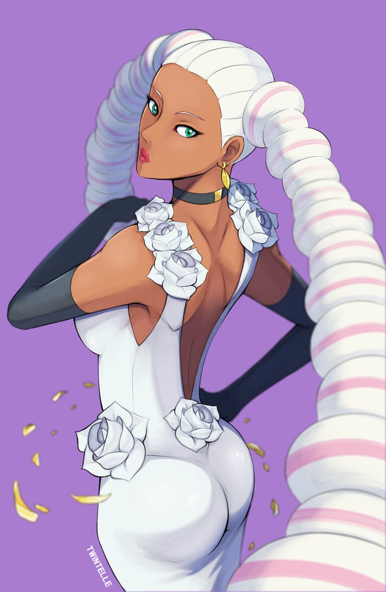 1girl, alternate_costume, arms_(game), ass, back, bare_shoulders, breasts, character_name, choker, dark_skin, dress, drill_hair, earrings, elbow_gloves, flower, formal, gloves, jewelry, kimchikat, lipstick, long_hair, looking_at_viewer, makeup, multicolored_hair, open-back_dress, pink_hair, purple_background, rose, simple_background, sleeveless, sleeveless_dress, twin_drills, twintails, twintelle_(arms), two-tone_hair, very_long_hair, white_dress, white_hair, white_rose