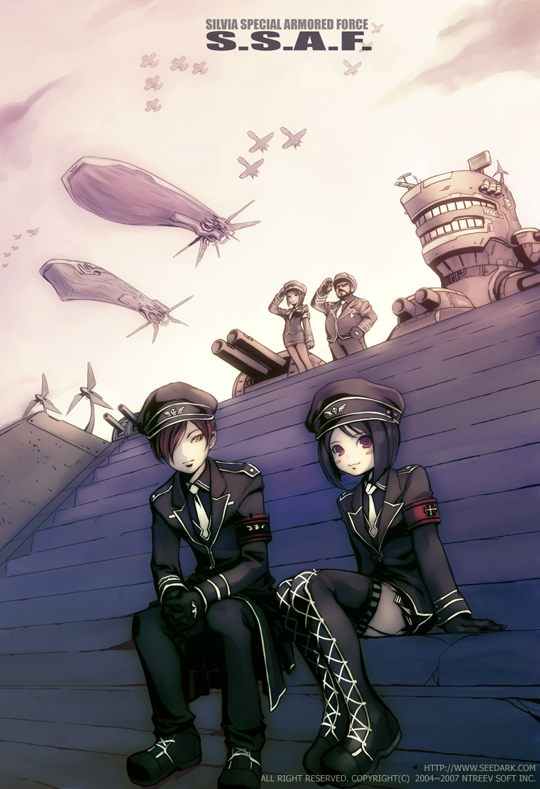 2boys, 2girls, :3, acronym, aircraft, airplane, airship, arm_at_side