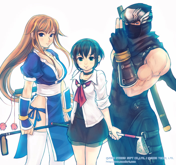 1boy, 2008, 2girls, arin, backlighting, black_gloves, black_hair, black_scarf