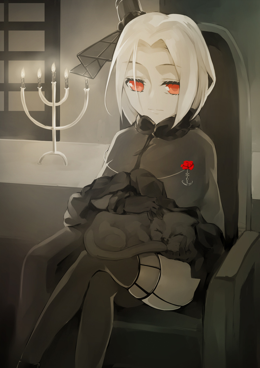 1girl, black_gloves, black_legwear, candle, candlestand, cat, garter_belt, gloves