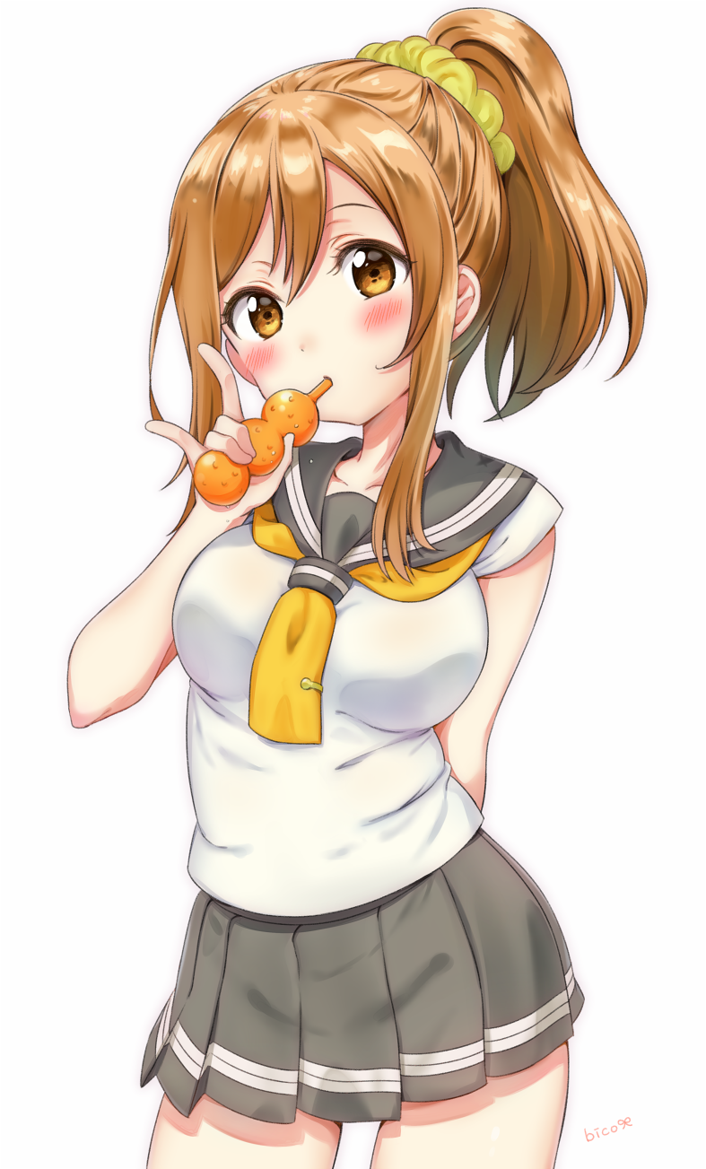 1girl, \m/, alternate_hairstyle, arm_behind_back, bangs, bico_(bicoris), blush, brown_eyes