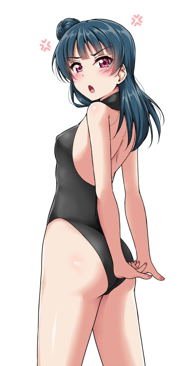 >:o, 1girl, :o, anger_vein, ass, bangs, black_swimsuit, blue_hair