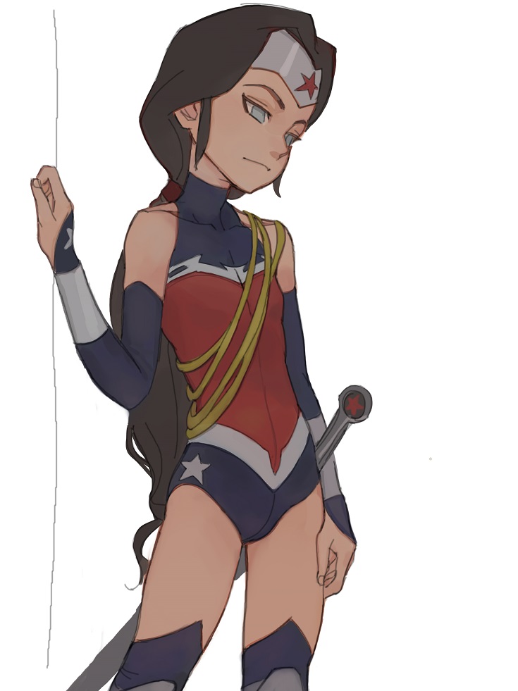 1girl, bare_shoulders, black_hair, blue_eyes, dc_comics, detached_sleeves, lasso, lasso_of_truth