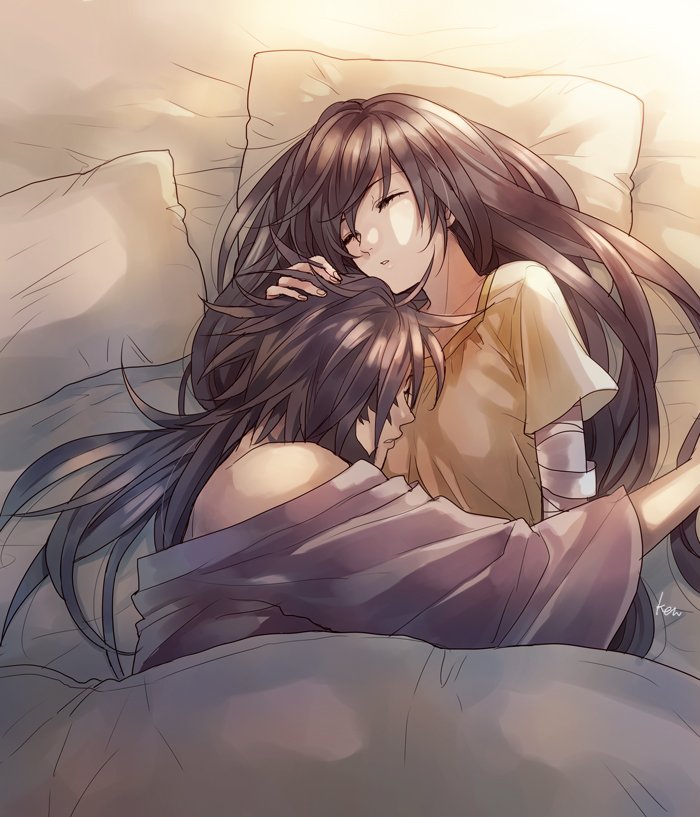 1boy, 1girl, akke, bed, black_hair, breasts, closed_eyes, couple, hair_over_one_eye, hug, long_hair, medium_breasts, rokurou_rangetsu, sleeping, tales_of_(series), tales_of_berseria, velvet_crowe