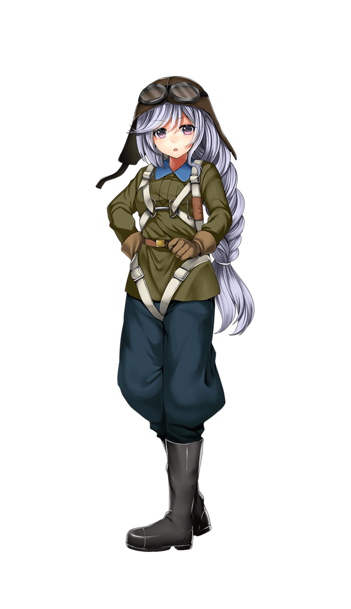 1girl, :o, aviator_cap, black_boots, boots, braid, brown_gloves, dominika_zolotova, formation_girls, full_body, gloves, goggles, goggles_on_headwear, hand_on_hip, highres, long_hair, looking_at_viewer, official_art, silver_hair, single_braid, solo, transparent_background, tsukiriran, very_long_hair, violet_eyes
