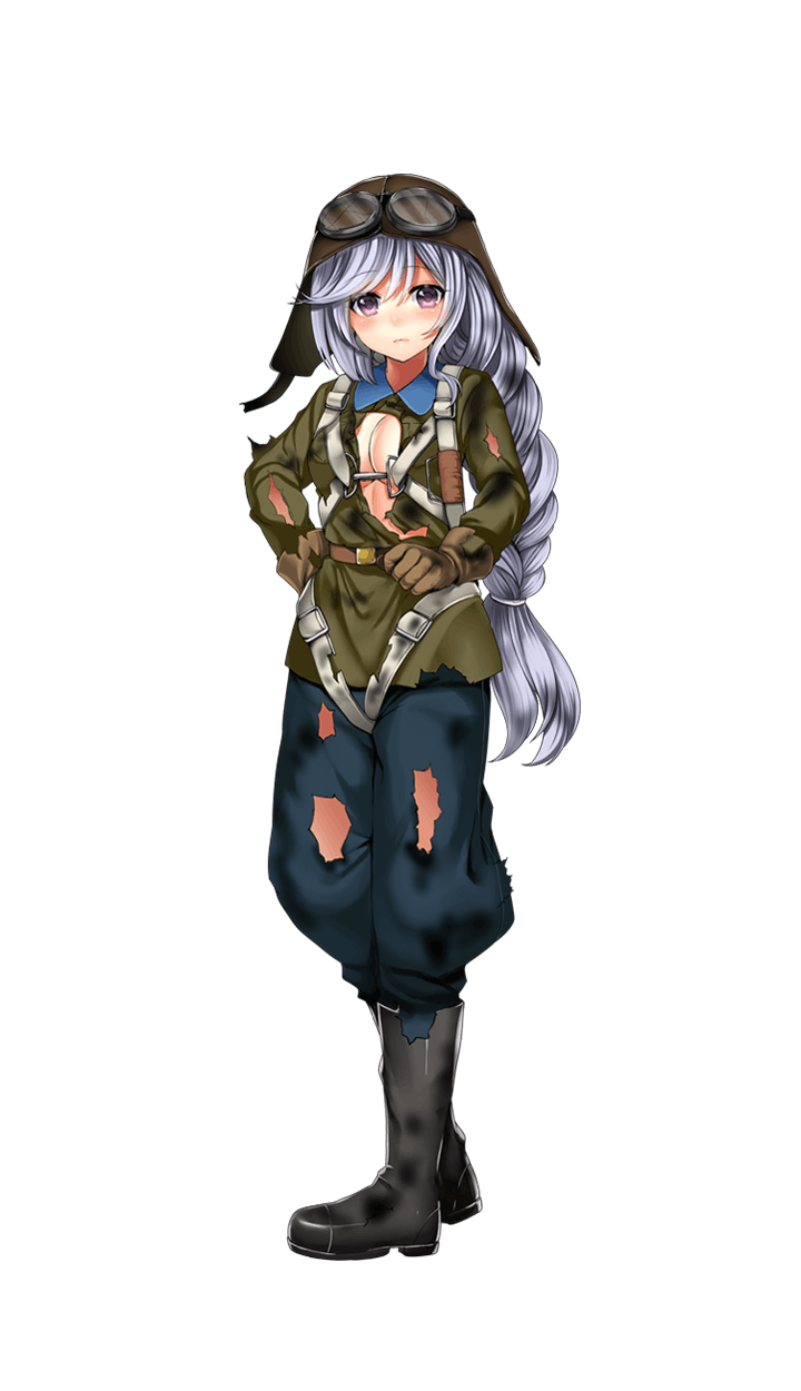 1girl, :o, aviator_cap, black_boots, blush, boots, braid, breasts, brown_gloves, cleavage, dominika_zolotova, formation_girls, full_body, gloves, goggles, goggles_on_headwear, hand_on_hip, highres, long_hair, looking_at_viewer, official_art, silver_hair, single_braid, solo, torn_clothes, transparent_background, tsukiriran, very_long_hair, violet_eyes