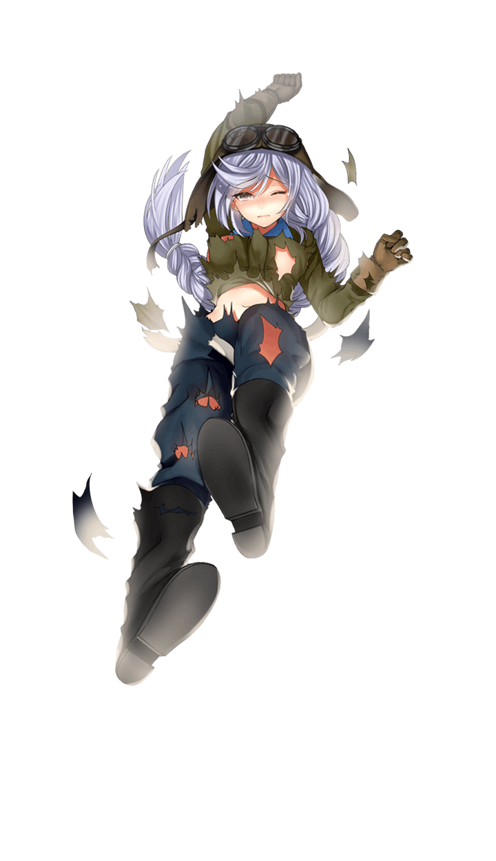 1girl, :o, ;(, aviator_cap, black_boots, blush, boots, braid, brown_gloves, dominika_zolotova, formation_girls, full_body, gloves, goggles, goggles_on_headwear, highres, long_hair, looking_at_viewer, official_art, silver_hair, single_braid, solo, torn_clothes, transparent_background, tsukiriran, very_long_hair, violet_eyes