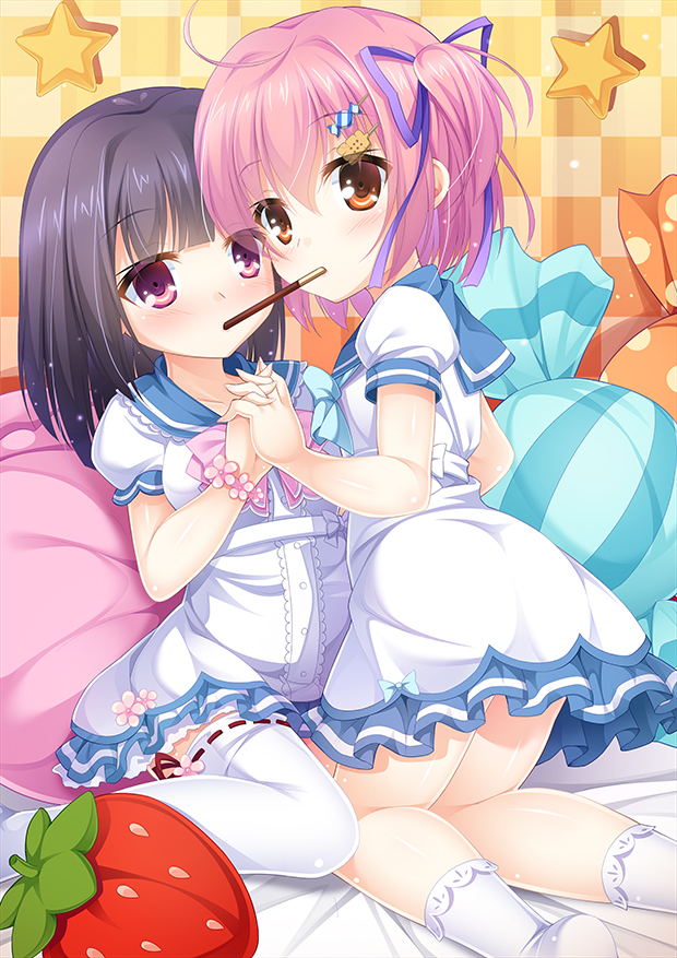 2girls, bangs, bed_sheet, black_hair, blue_bow, blunt_bangs, blush, bobby_socks, bow, candy_hair_ornament, checkered, checkered_background, collarbone, commentary_request, dress, eyebrows_visible_through_hair, flower_bracelet, food, food_themed_hair_ornament, hair_between_eyes, hair_ornament, hair_ribbon, hand_holding, interlocked_fingers, kneeling, looking_at_viewer, looking_back, multiple_girls, no_shoes, on_bed, orange_hair, original, pink_bow, pink_eyes, pink_hair, pink_pillow, pocky, pocky_kiss, polka_dot_pillow, puffy_short_sleeves, puffy_sleeves, purple_ribbon, red_ribbon, ribbon, ribbon-trimmed_legwear, ribbon_trim, sailor_dress, sekine_irie, shared_food, short_sleeves, socks, star, striped_pillow, tareme, thigh-highs, two_side_up, white_bow, white_dress, white_legwear, yuri