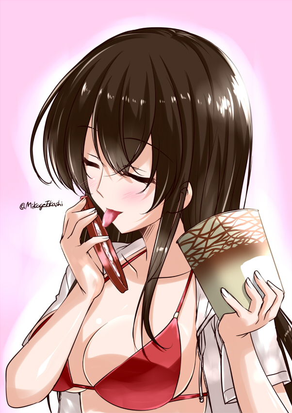 1girl, akagi_(kantai_collection), blush, breasts, brown_hair, cap, cleavage, closed_eyes