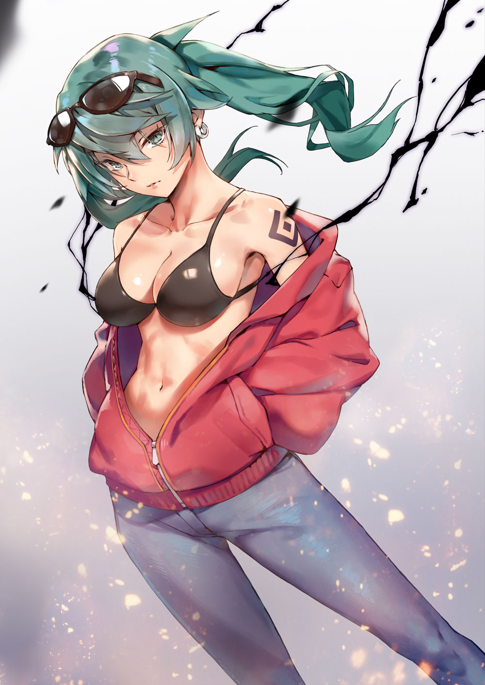 1girl, black_bra, bra, breasts, collarbone, earrings, floating_hair, green_eyes