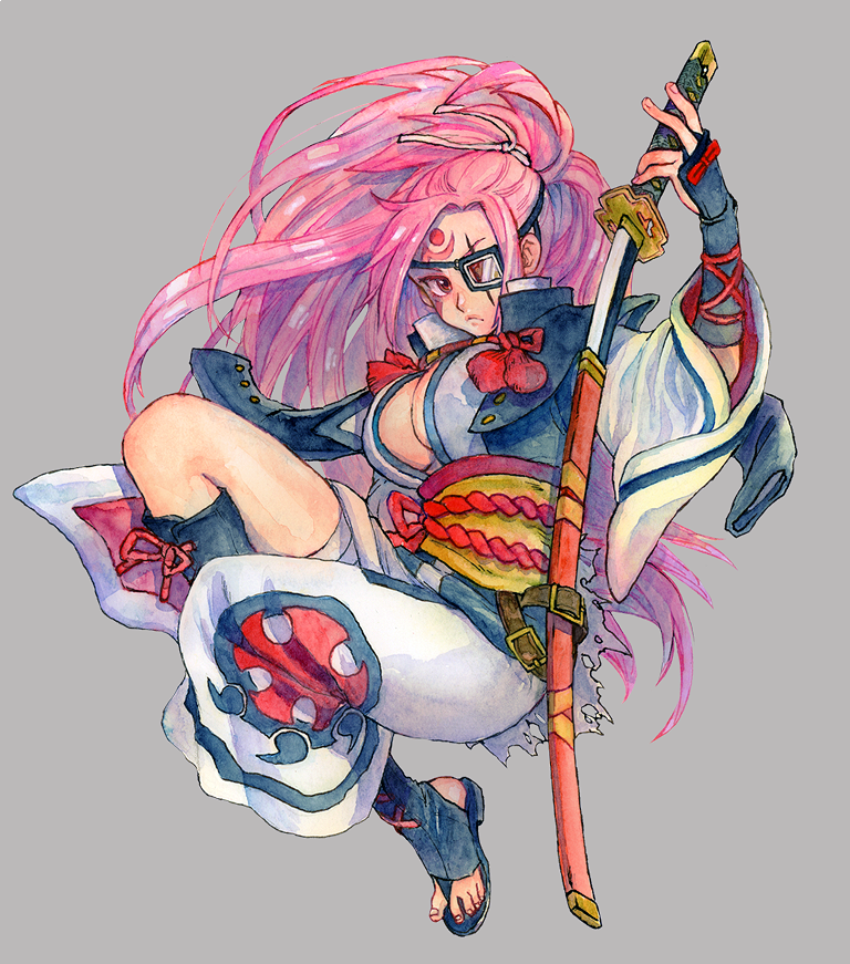 1girl, amputee, baiken, belt, breasts, cleavage, drawing_sword, eyepatch