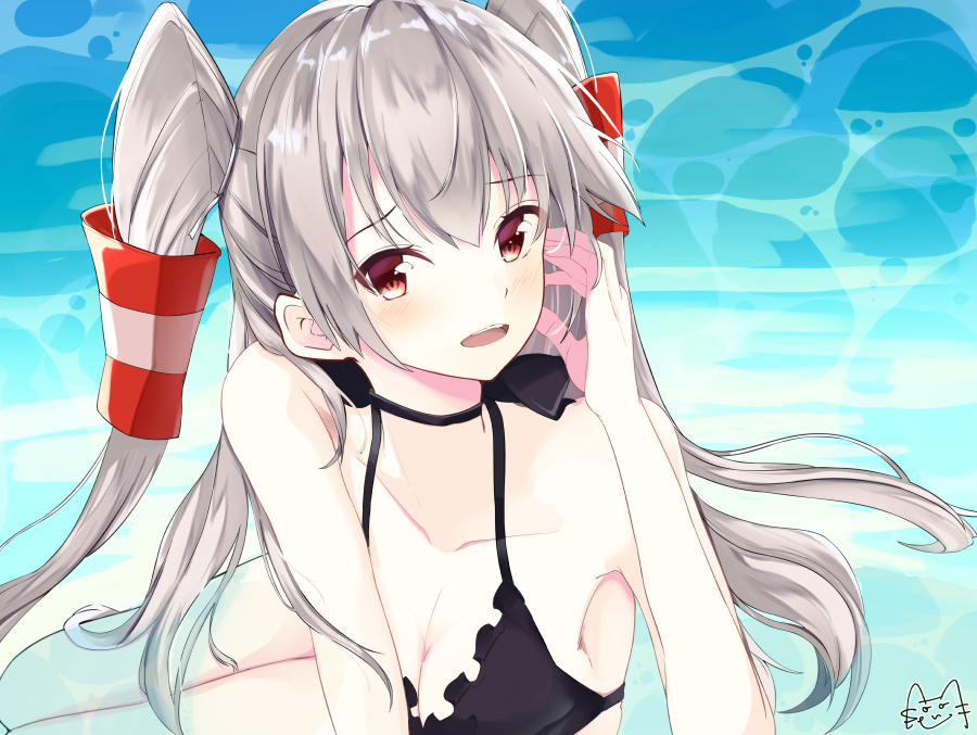 amatsukaze_(kantai_collection), armpits, bikini, black_bikini, blush, breasts, brown_eyes, choker, cleavage, collarbone, hair_tubes, hand_on_own_cheek, kantai_collection, long_hair, looking_at_viewer, lying, on_side, open_mouth, seana, silver_hair, small_breasts, swimsuit, two_side_up, water