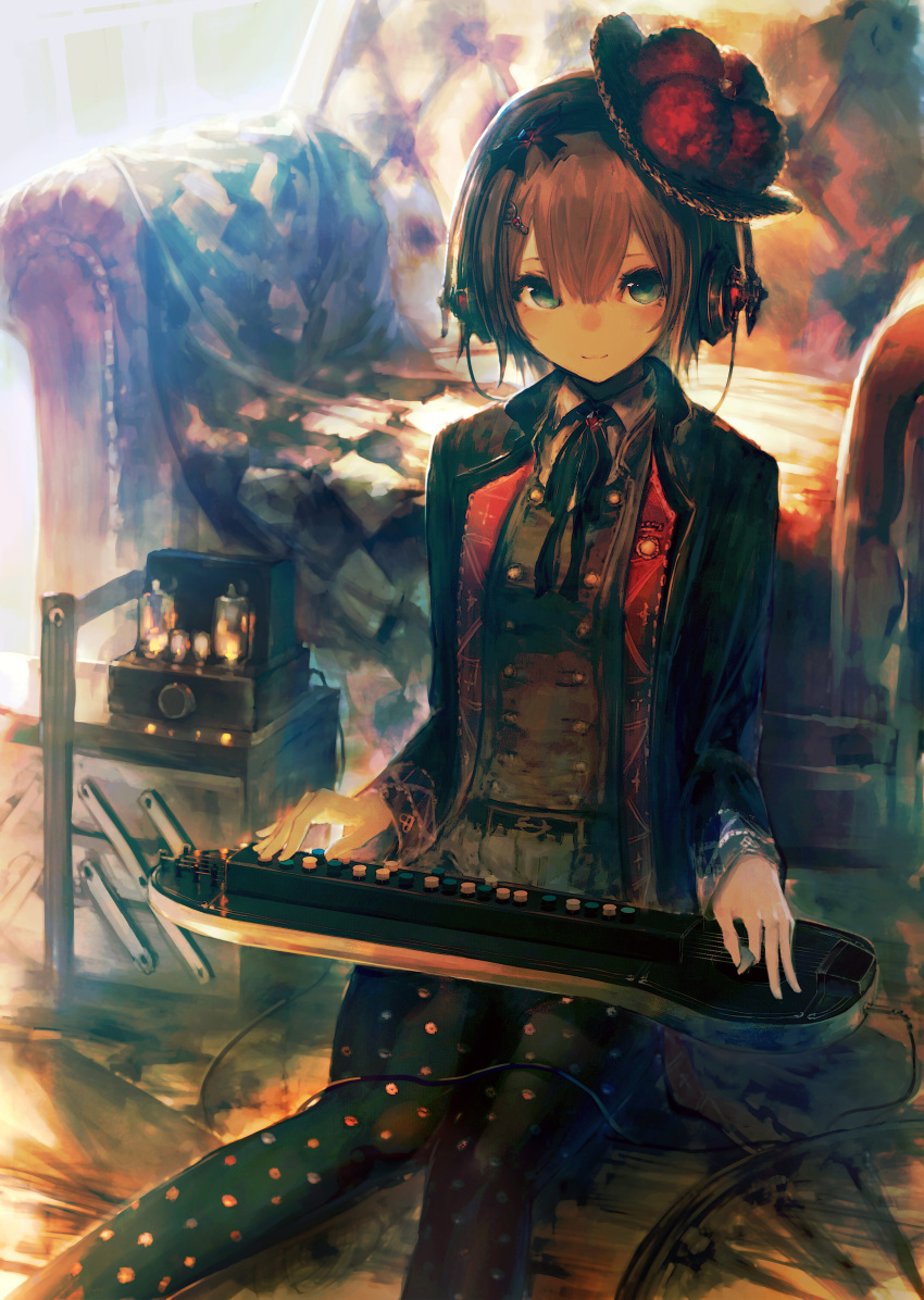 1girl, absurdres, akkordolia, amplifier, bangs, belt, black_dress, black_legwear, blush, brown_hair, chair, closed_mouth, coat, couch, double-breasted, dress, garuku, green_eyes, hair_between_eyes, hat, headphones, highres, indoors, instrument, light_smile, looking_at_viewer, music, open_clothes, open_coat, original, pantyhose, playing_instrument, polka_dot, short_hair, sitting, smile, solo, tsurime, tube_amplifier