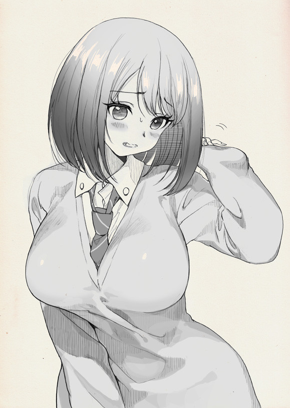 1girl, bangs, blush, breasts, frown, hana-kagume, large_breasts, loose_necktie