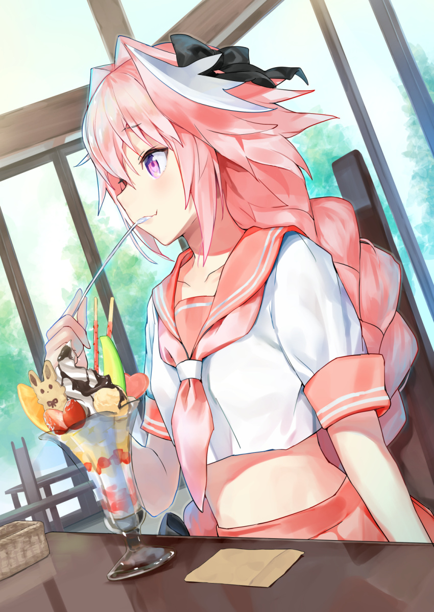 1boy, :3, bangs, blush, braid, cafe, closed_mouth, collarbone