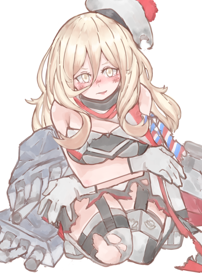 1girl, az_toride, beret, blonde_hair, blush, cannon, damaged, dress, garter_straps, gloves, gun, hat, kantai_collection, kneeling, long_hair, mole, mole_under_eye, richelieu_(kantai_collection), scarf, tagme, tearing_clothes, tears, thigh-highs, torn_clothes, weapon, yellow_eyes