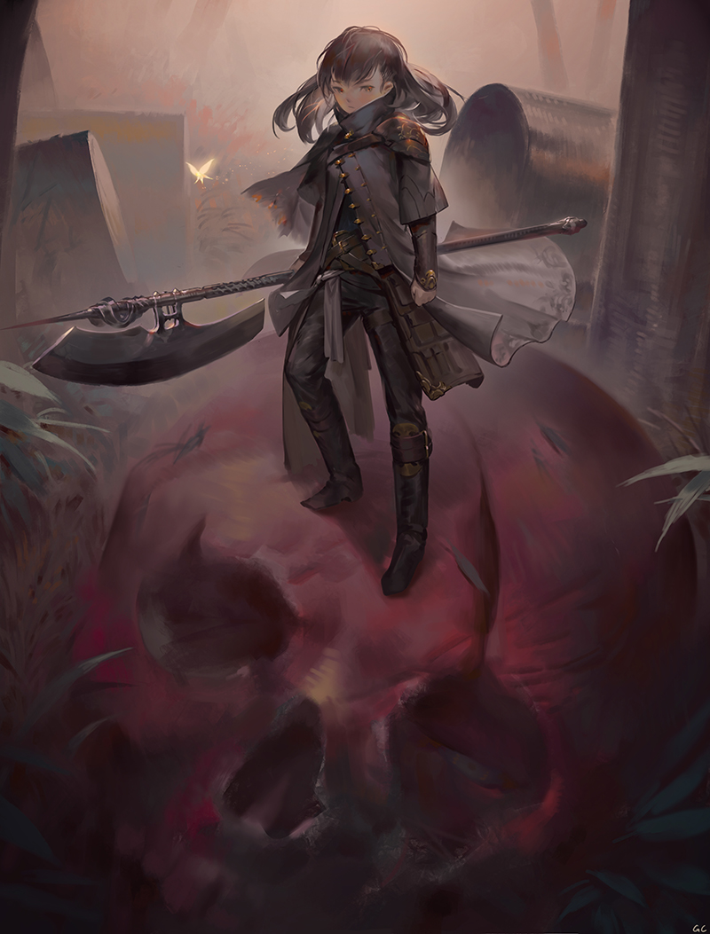 :/, arm_at_side, black_coat, black_pants, boots, brown_boots, brown_eyes, brown_hair, clenched_hand, closed_mouth, commentary_request, fair, floating_hair, full_body, geolim, holding, knee_boots, long_hair, looking_at_viewer, mismatched_footwear, original, pants, partially_unbuttoned, polearm, skull, standing, thigh-highs, thigh_boots, weapon