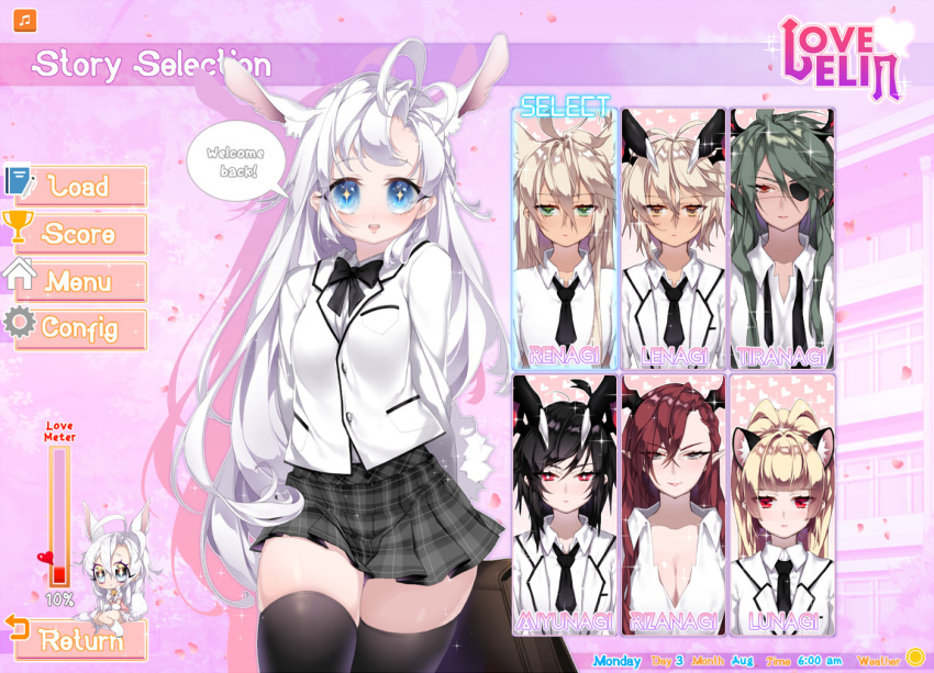 +_+, 6+girls, :d, animal_ears, antenna_hair, asymmetrical_bangs, bag, bangs, black_bow, black_bowtie, black_hair, black_legwear, black_necktie, black_skirt, blazer, blonde_hair, blue_eyes, blunt_bangs, blush, bow, bowtie, breasts, castanic_(tera), cat_ears, character_name, chibi, cleavage, closed_mouth, collarbone, collared_shirt, commentary, dark_skin, deathalice, elin_(tera), english, expressionless, eyebrows_visible_through_hair, eyepatch, fake_screenshot, green_eyes, green_hair, hair_between_eyes, head_wings, heart, jacket, large_breasts, long_hair, looking_at_viewer, maroon_hair, multiple_girls, musical_note, necktie, number, open_mouth, pink_background, pleated_skirt, pointy_ears, red_eyes, school_bag, school_uniform, shirt, short_hair, silhouette, silver_hair, sitting, skirt, smile, speech_bubble, tera_online, thigh-highs, very_long_hair, white_shirt, wing_collar
