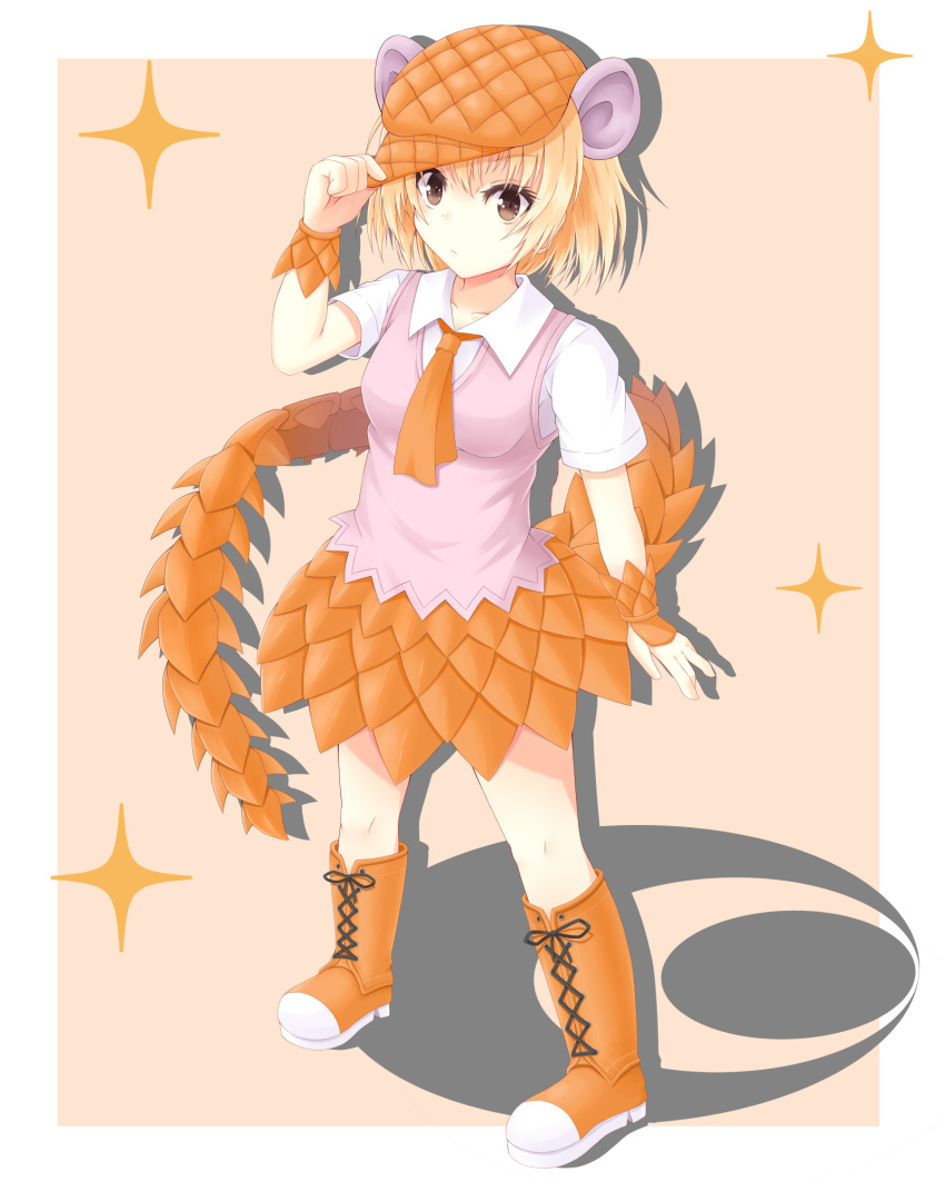 1girl, blonde_hair, blush, boots, bracelet, brown_eyes, giant_pangolin_(kemono_friends), hat