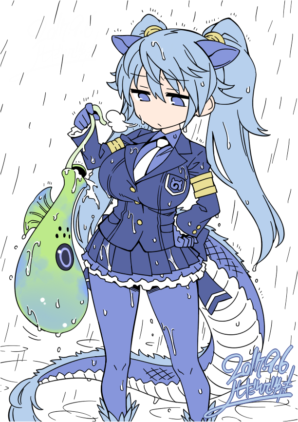1girl, artist_name, blue_eyes, blue_hair, breasts, cerulean_(kemono_friends), dated, dragon_tail