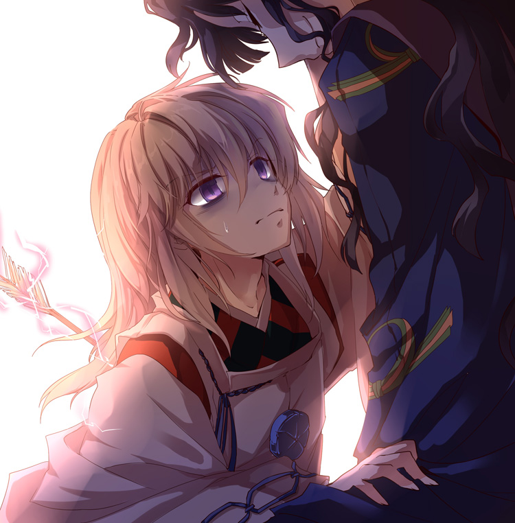 2boys, arrow_in_body, bags_under_eyes, bangs, black_hair, closed_mouth, electricity, from_side, hakudoushi, height_difference, inuyasha, japanese_clothes, light_brown_hair, long_hair, male_focus, multiple_boys, naraku_(inuyasha), purple_hair, smile, sweat, upper_body, wavy_hair, wide_sleeves, yetworldview_kaze