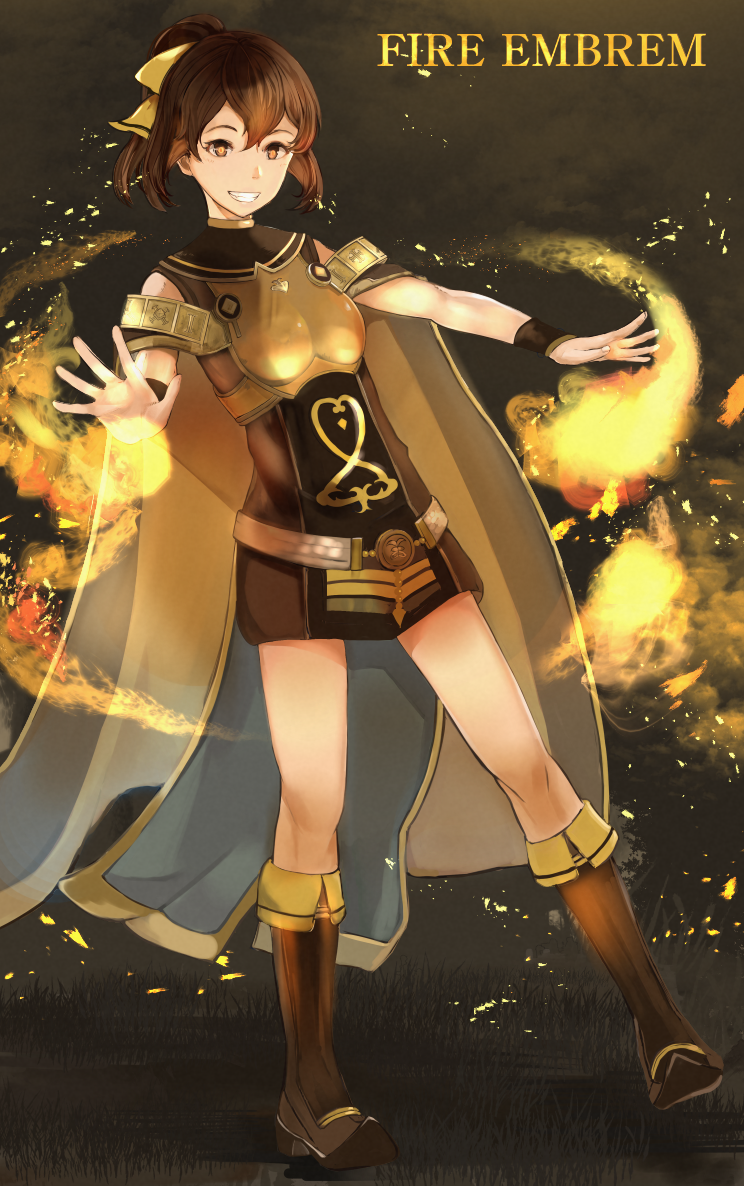 1girl, akuria, bare_shoulders, boots, bow, breastplate, brown_hair, cape