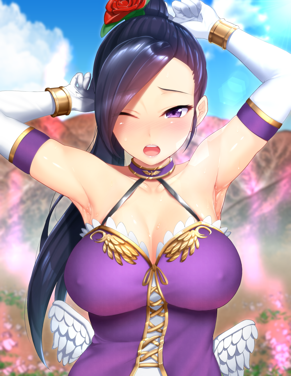 1girl, ajifurai, armpits, arms_up, bare_shoulders, black_hair, blush, breasts