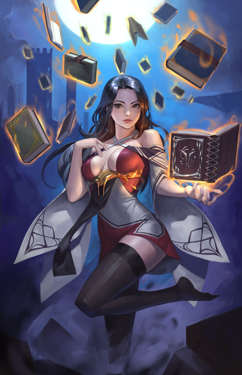 1girl, bare_shoulders, black_legwear, book, breasts, brown_eyes, brown_hair, cleavage