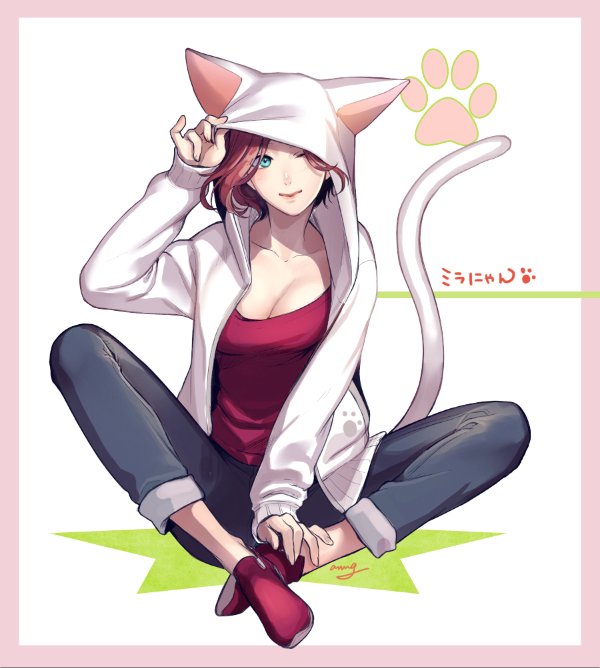 1girl, ;>, amg_(nwmnmllf), animal_hood, blue_eyes, breasts, cat_day, cat_hood