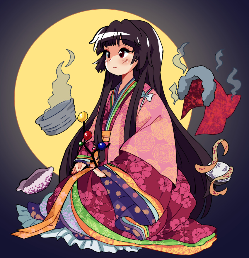 1girl, absurdres, black_hair, blush, branch, floral_print, full_body, full_moon