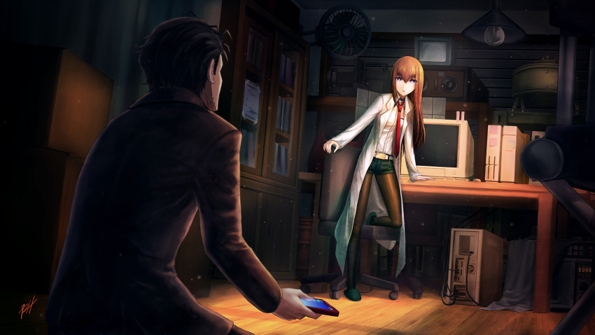 1boy, 1girl, belt, black_hair, black_jacket, black_legwear, black_shorts, blue_eyes