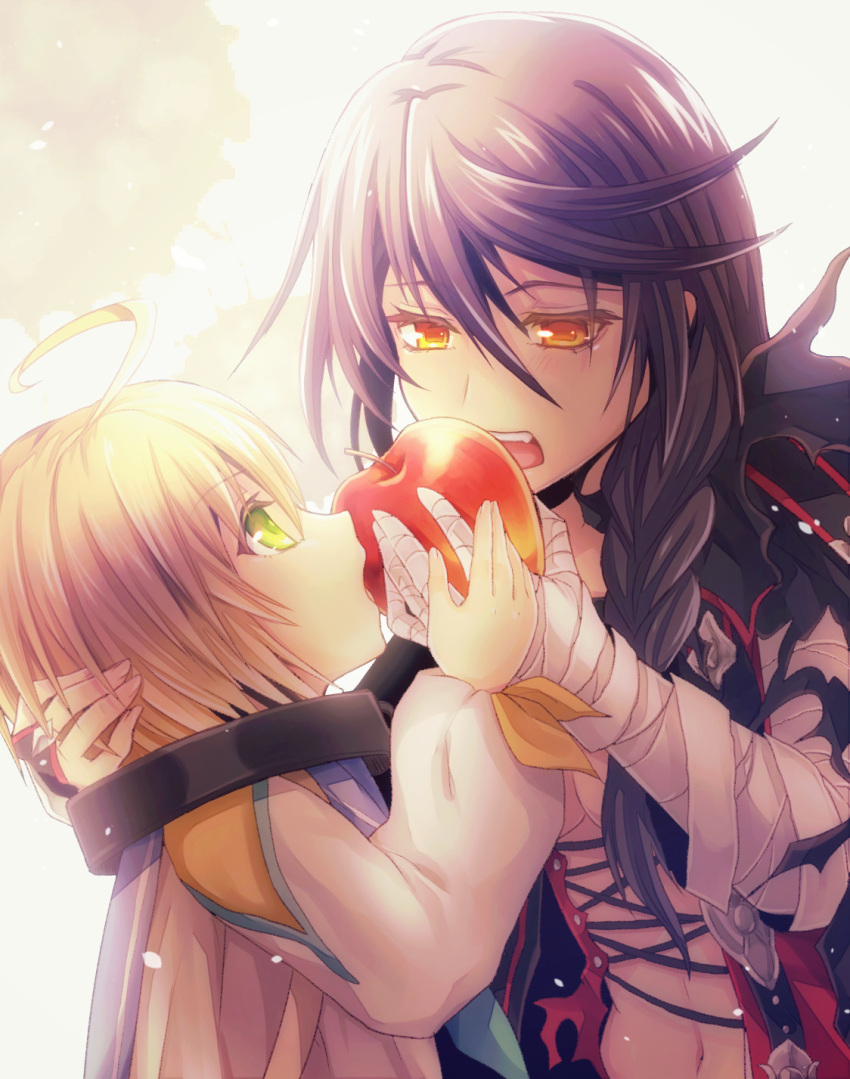 1boy, 1girl, ahoge, apple, bandage, black_hair, blonde_hair, braid, breasts, cleavage, eating, fang, food, fruit, green_eyes, hair_between_eyes, highres, holding, holding_fruit, laphicet_(tales), long_hair, medium_breasts, midriff, natsuki_yuka, navel, open_mouth, orange_eyes, ribbon, single_braid, stomach, tales_of_(series), tales_of_berseria, upper_body, velvet_crowe, yellow_ribbon