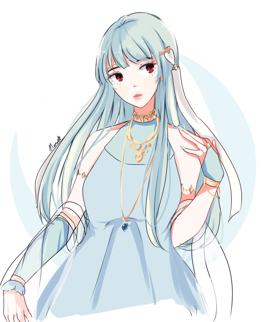 1girl, bare_shoulders, blue_hair, cape, dress, fire_emblem, fire_emblem:_rekka_no_ken, hair_ornament, highres, long_hair, looking_at_viewer, nana_(mizukas), ninian, red_eyes, smile, solo