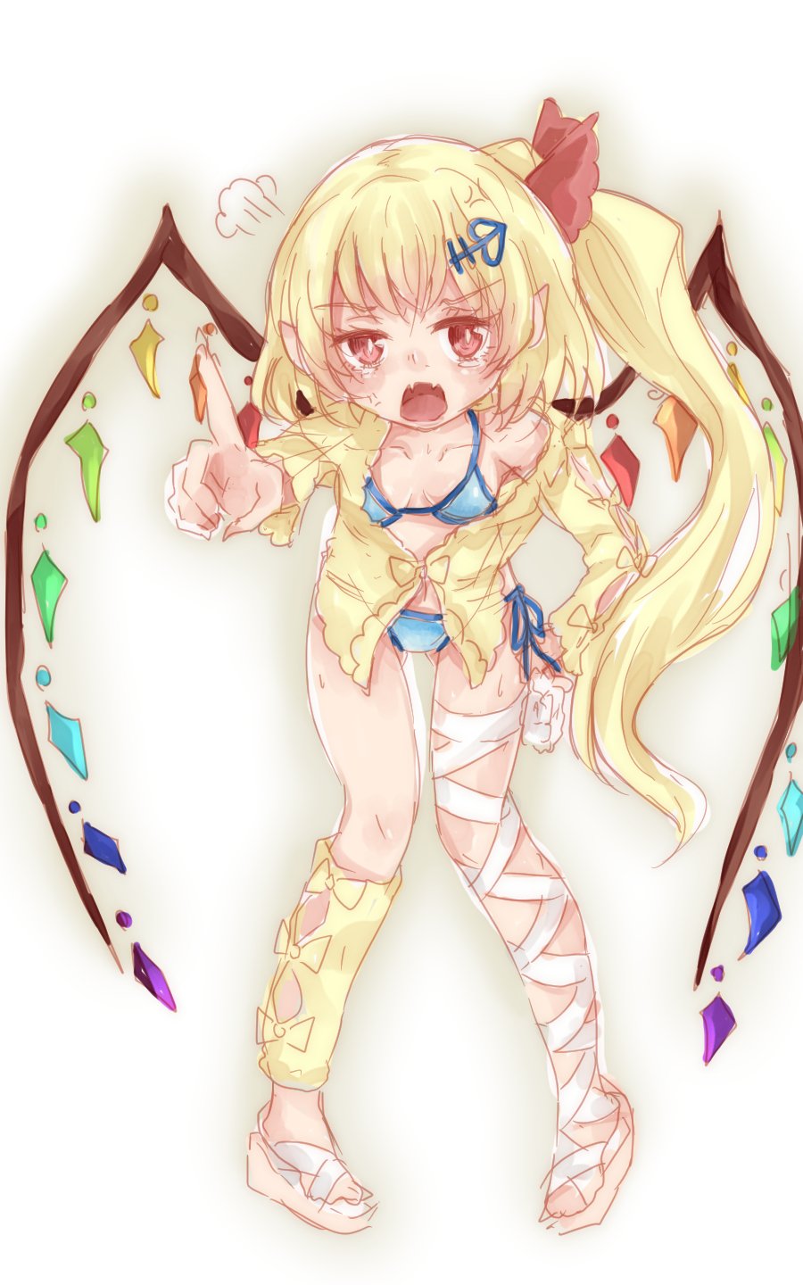 1girl, angry, bandage, bandaged_leg, berserker_of_black, berserker_of_black_(cosplay), bikini, blonde_hair, blue_bikini, breasts, collarbone, cosplay, fate_(series), flandre_scarlet, frankenstein's_monster_(swimsuit_saber)_(fate), full_body, hair_ornament, hair_ribbon, hairpin, highres, index_finger_raised, karua_m, leaning_forward, looking_at_viewer, namesake, pigeon-toed, red_eyes, red_ribbon, ribbon, side-tie_bikini, simple_background, sketch, small_breasts, solo, standing, swimsuit, touhou, white_background, wings