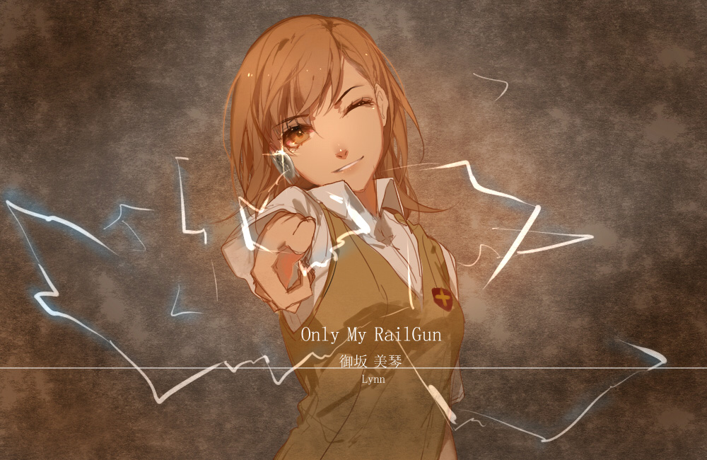 1girl, artist_name, biribiri, brown_eyes, brown_hair, dress_shirt, eyebrows_visible_through_hair, hair_between_eyes, head_tilt, long_hair, looking_at_viewer, lynn--ll, misaka_mikoto, outstretched_arm, parted_lips, school_uniform, shirt, short_sleeves, smile, solo, to_aru_majutsu_no_index, upper_body, white_shirt